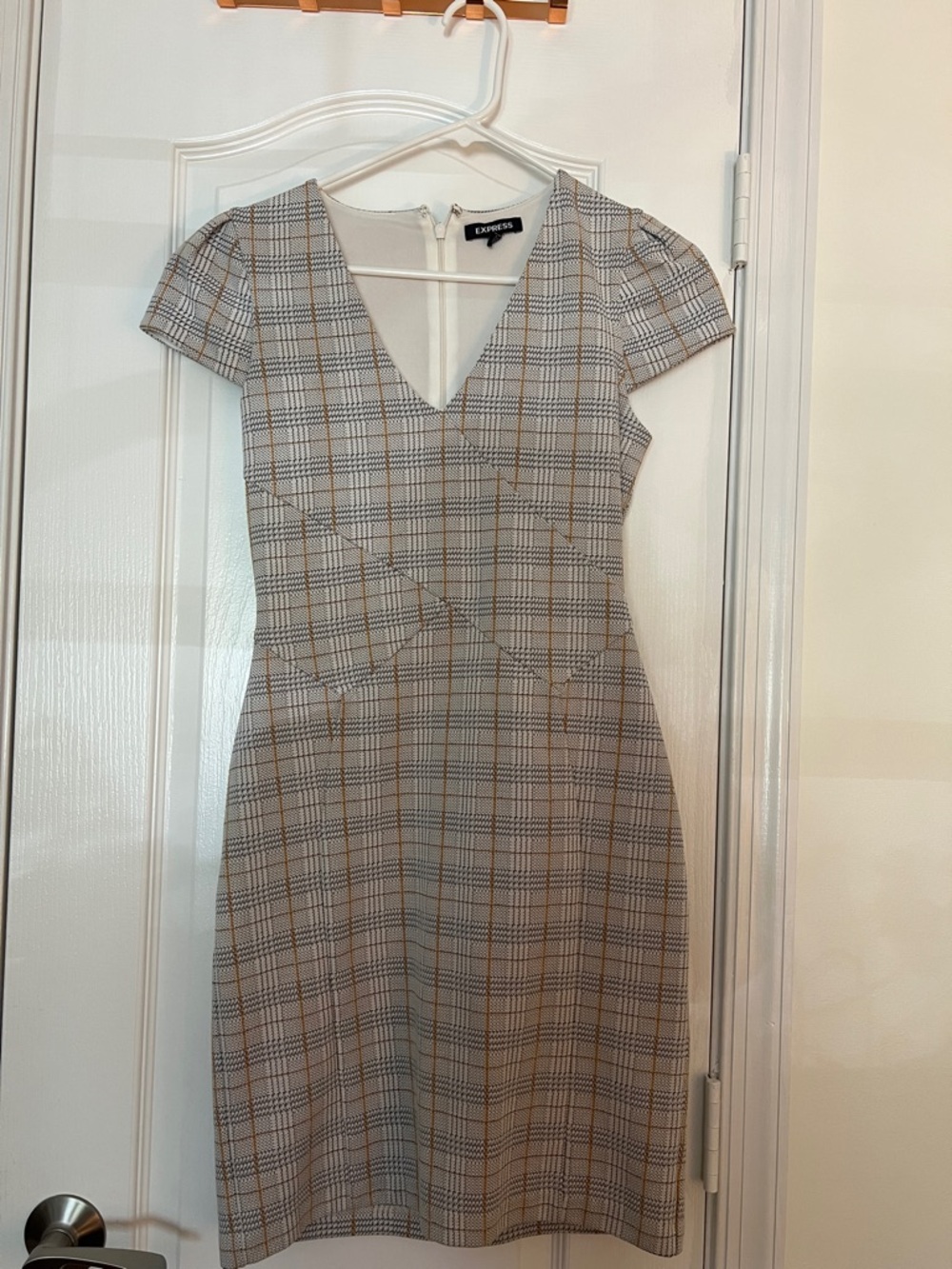 Express Gray Plaid V-Neck Mini Dress with Tan Accents